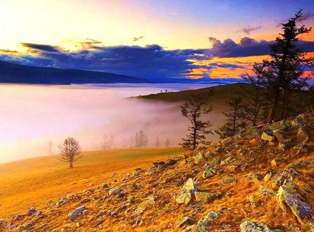 Touching gold - lake, clouds, trees, mist, gold shore