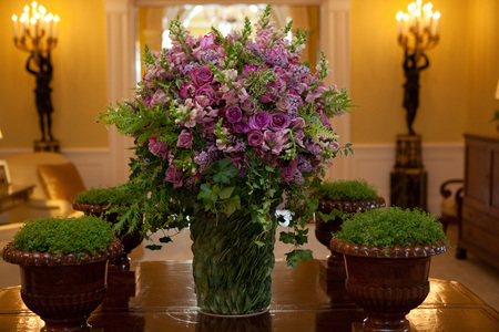 bouquet - roses, elegant, room, photo, home, flowers, candelabra, purple, vase, house, beautiful, decor, photography, still life, flower, bouquet, harmonious