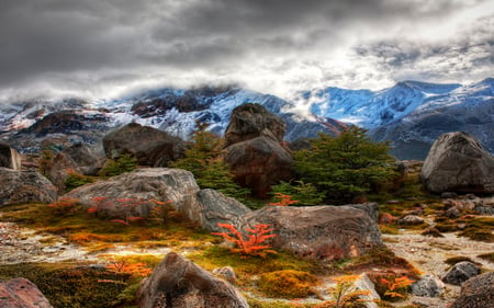 Amazing View - colorful, great, view, amazing, nture, color, grass, rocky, boulders, landscape, mountain, place, nature, snow, beautiful, top, leaves, roks, stones, sunrise, ferns, beauty, sky, autumn, trees, peaceful, mountains, evergreens, weather, rocks, storm, clouds, orange, green, magnificent, morning, range, sight, daylight, day, moss, plants, ground, world, blue, splendor, colors, photo