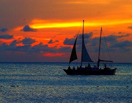 Sails in the sunset - evening, sunset, sailboat, ripples on water, orange and red sky