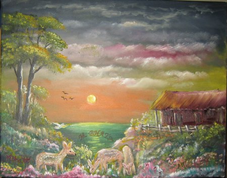 Natures Valley - sky, sunset, cabin, deer, colourful