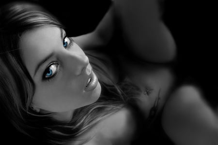 Beautiful blue eyes - black, white, beautiful, model, manipulation, photo