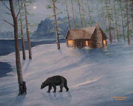 Two BEARS - lake, cub, winter, evening, bears, momma, woods, cabin