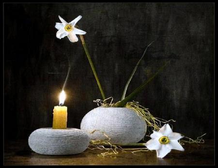 White pair and candle - still life - white, pair, candle light, flowers, black background, containers