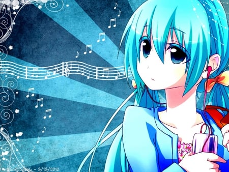 Hatsune Miku - pretty, anime, ipod, blue, beautiful, volcaoid, girl, hatsune miku, song notes, headphones, miku, cute, hatsune, vocaloids, notes