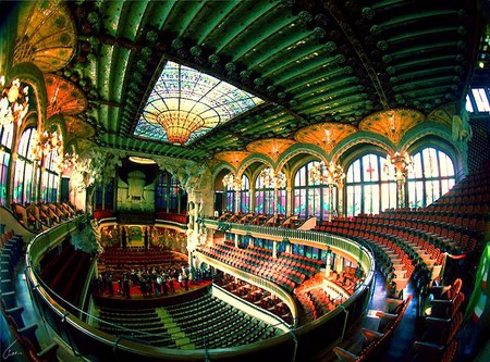 Italian music theater - chandeliers, orchestra, stage, windows, curtains, theater, organ, balconies, seats, italy, art