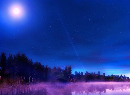 Heaven above - moon, trees, water, blue, night, reflection, stars, mist, sky