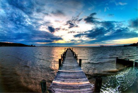 Walkway - water, pier, sunrise, clouds