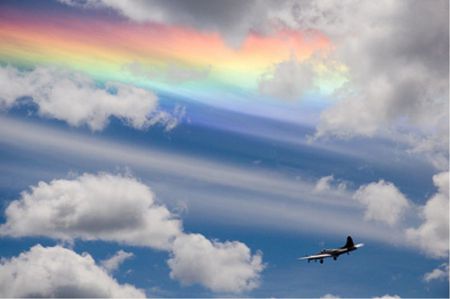 Rainbow after the storm - rays, rainbow, plane, clouds