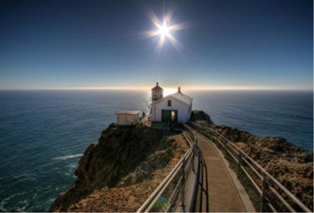 Bright Sunshine - water, lighthouse, path, sun