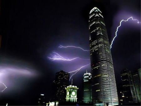 Lightning Bolts - skyscraper, night, lights, lighting