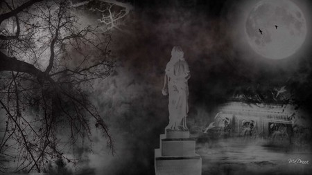 Halloween at the Graveyard - stairs, moon, scary, trees, angel, widescreen, halloween, crypt, fog, haunting