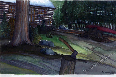 The Little Log Cabin - nature, cabin, axe, simple, woods, canoe