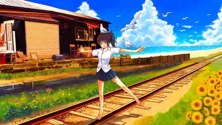 tagme - anime, ponytail, sunflower, rail road, ocean, tagme