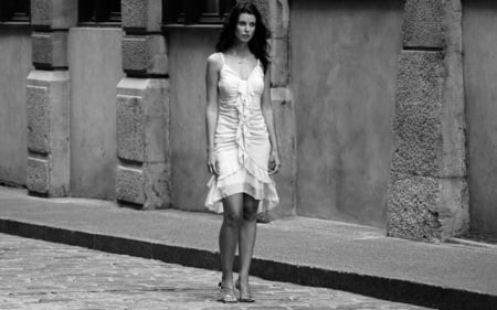 Afternoon Stroll - white, cobblestone, street, beautiful, strolling, dress, model