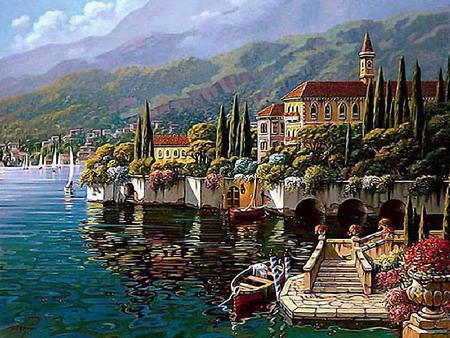 Anicent Village - flowers, clouds, trees, water, boat, steps, villages, moutains