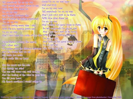 Akita Neru - sky, girl, akita, neru, vocaloids, suitcase, pretty, yellow, clouds, vocaloid, beautiful, river, city, anime, akita neru, cute