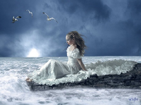 Waiting - ocean, seagulls, ruffles, water, waves, moonlight, sea, dress, birds