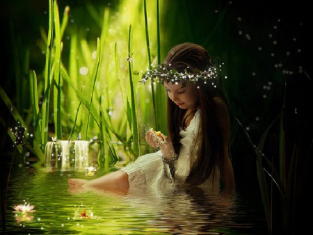 Magical forest - lotus, butterfly, headband, water, fish, child, grass, flower