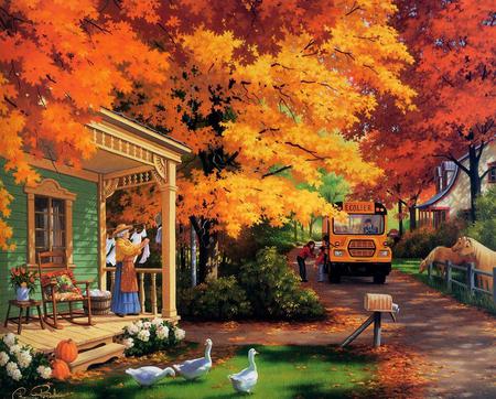 School Bus - house, trees, pumpkins, road, gold, flowers, fall, horses, autumn, painting, school bus, bus, ducks, art