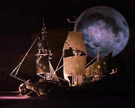 Ghost ship - battered, moon, ghostly, ship, torn, night, sails