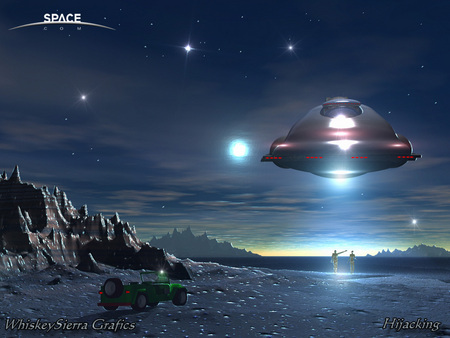 Aliens - spaceship, men, lights, fantasy, jeep, ufo, night