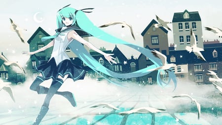 Hatsune Miku - pretty, moon, anime, vocaloid, birds, blue, twintail, hatsune miku, buildings, seagulls, stars, sky blue, miku, cute, hatsune, vocaloids