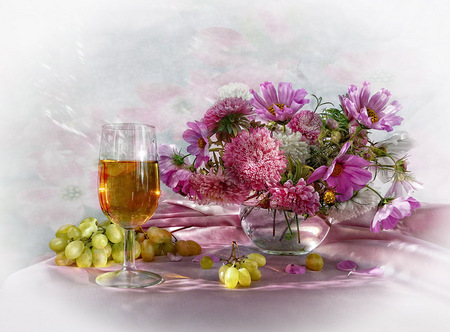 still life - beauty, photography, chrysanthemum, bouquet, rose, wine, still life, fruit, cup, vase, grape, flowers, flower, beverage, harmony