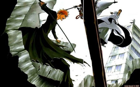 Ichigo vs Aizen - kurosaki, town, ichigo, city, shinigami, gin, bankai, kamane, bleach, aizen, fight, orange hair, sky