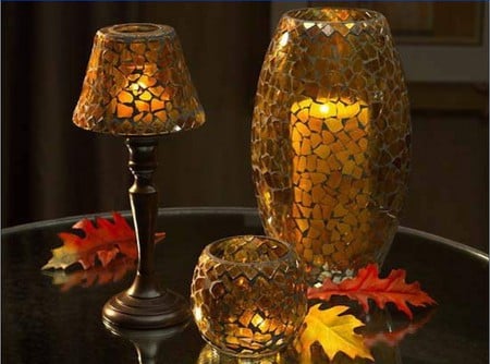 autumn light - decoration, autumn, lamp, golden, light, leaves