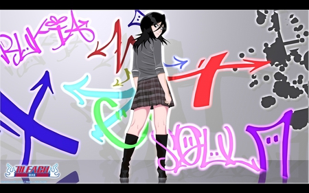 Ruckia Graffiti - skirt, blue, hot, pink, aqua, gree, purple, red, bleach, kuchiki, ruckia, graffiti, black hair, cute, sexy