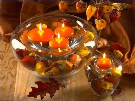 autumn candles - autumn, candles, leaves, golden, colored, decoration