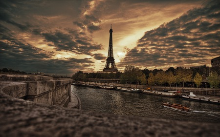 Eiffel Tower - sunny, amazing, boat, eiffel tower, dark, paris, eiffel, place, eifel tower, france, monuments, sky, clouds, trees, water, relaxing, beautiful, city, cool, architecture, boats, wonderful, river, nature, sunset, seine river, bright, day, peaceful