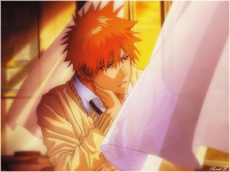 Ichigo - short hair, headphones, sunset, kurosaki, window, bleach, ichigo, orange hair