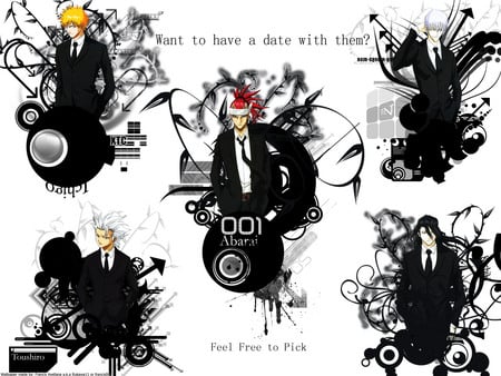 Bleach guys - byukuya, toshiro, ichigo, ichimaru, tribel, suits, renji, black, gin, bleach, kuchiki, abaria, hitsaguya