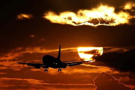 heading for home - moon, plane, clouds, night