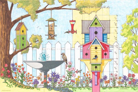 Birdhouse - flowers, house, feeders, birds, bath, tree