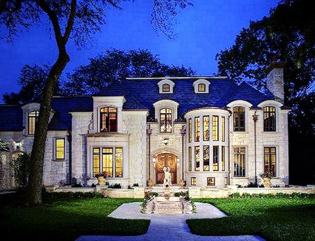 Country luxury estate - three story, windows, trees, pillars, white and blue, country, luxury, home, walkway, expensive