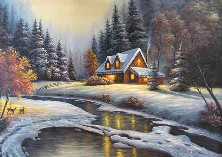 Winter Wonder - cottage, stream, paintng, cottages, creek, white, white trees, art, reflection, cold, river, color, xmas and new year, thomas kinkade, landscape, pioneers, light, deer, nature, holidays, woods, forest, snow, winter holidays, beautiful, cabin, pines, trees, creative pre-made, painting, architecture, house, paintings, tree, kinkade, winter, lovely, christmas, serenity, cosy, love four seasons, splendor, roe, lights