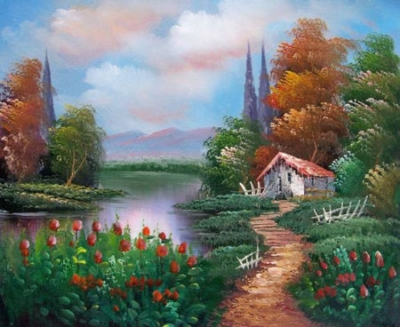 Maybe Some Day - cottage, home, lake, tulips, wanting, scene