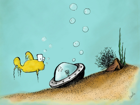 Fishie and ufo - fish, ufo, drawing, sea