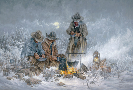 On The Open Plains - survival, landscape, men, winter, fireplace, drifters, fire, painting, cold, snow, artwork, cowboys