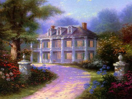 Homestead - driveway, mansion, flowers, setting, trees, landscaping