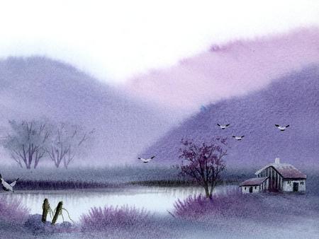 How I Love You - grasses, lake, pastel, violet, cabin, birds