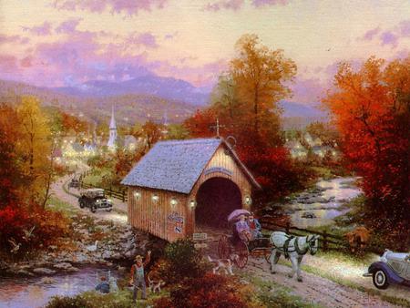 Old Covered Bridge - autumn, buggy, trees, peaceful, countryside, yesterday, painting, fall, view, art, old, bridge, houses, kinkade, cars, brook, village, horse, covered, beautiful