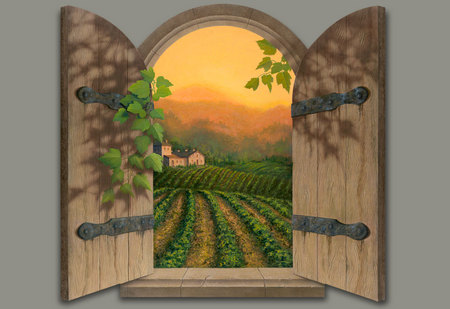 Tuscan Sun - fields, view, window, warm, shutters, grapes, sunset