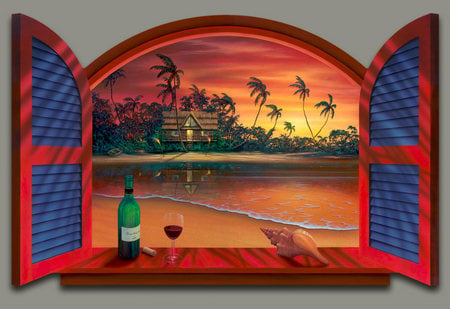 Enchanted Evening - tropics, glowing, sunset, shutters, red, window