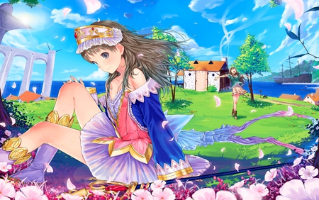 tagme - anime, skirt, boots, staff, boat, tagme, petals, flowers, sky