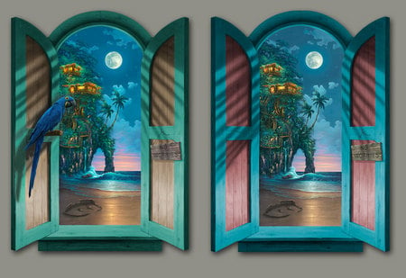 No Worries - moon, windows, tropical parrot, ocean, scenebeach