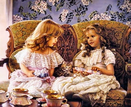 Birthday Gifts - tea cups, little girls, dresses, gifts, kitten, table, love seat